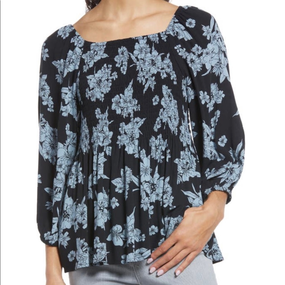 Bobeau Smocked Balloon Sleeve Top